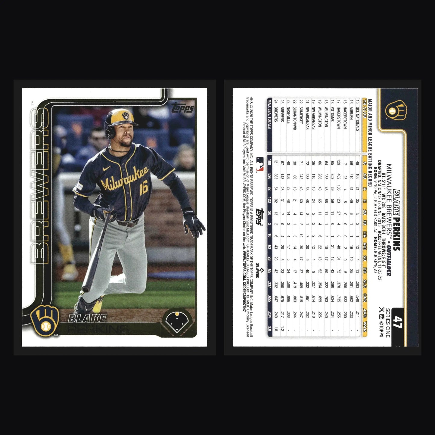 2025 Topps Series 1 Blake Perkins #47 Milwaukee Brewers - Baseball Card Single