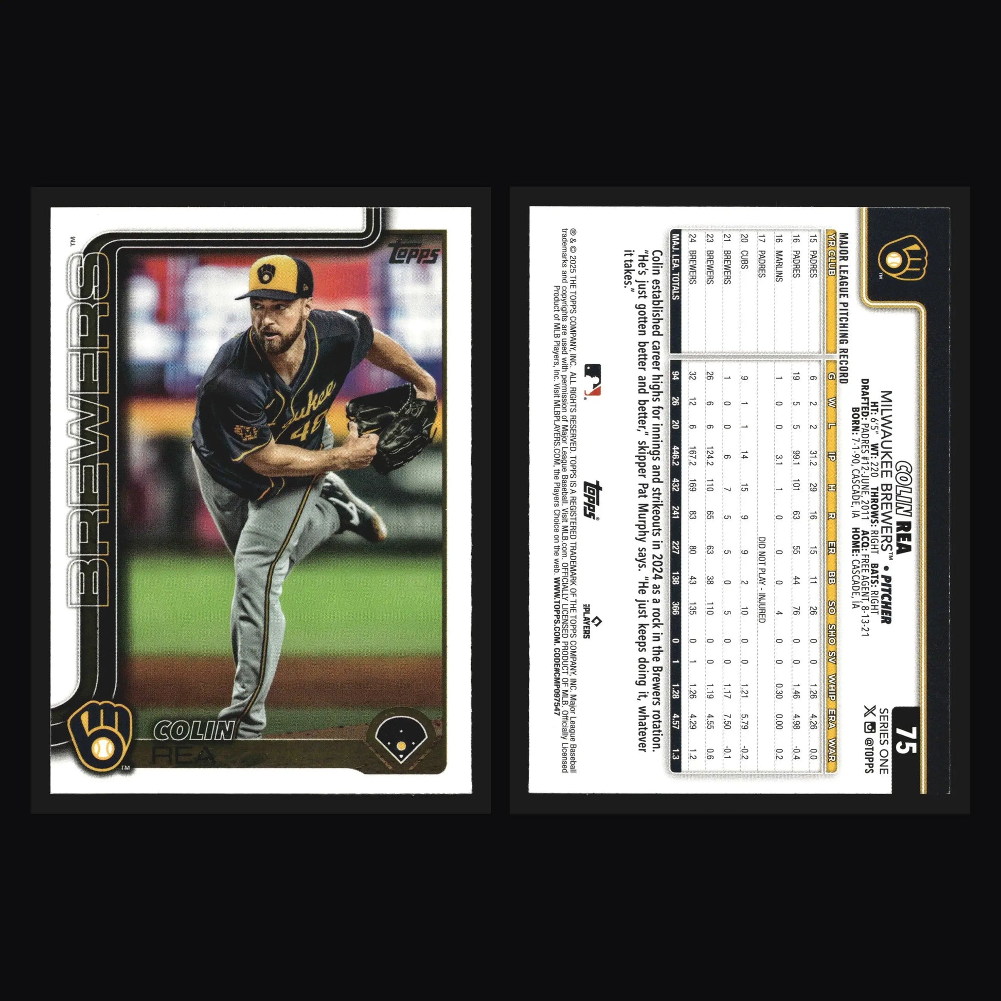2025 Topps Series 1 Colin Rea #75 Milwaukee Brewers - Baseball Card Single