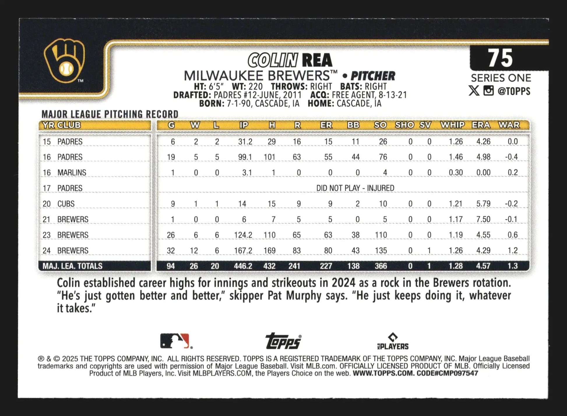 2025 Topps Series 1 Colin Rea #75 Milwaukee Brewers - Baseball Card Single