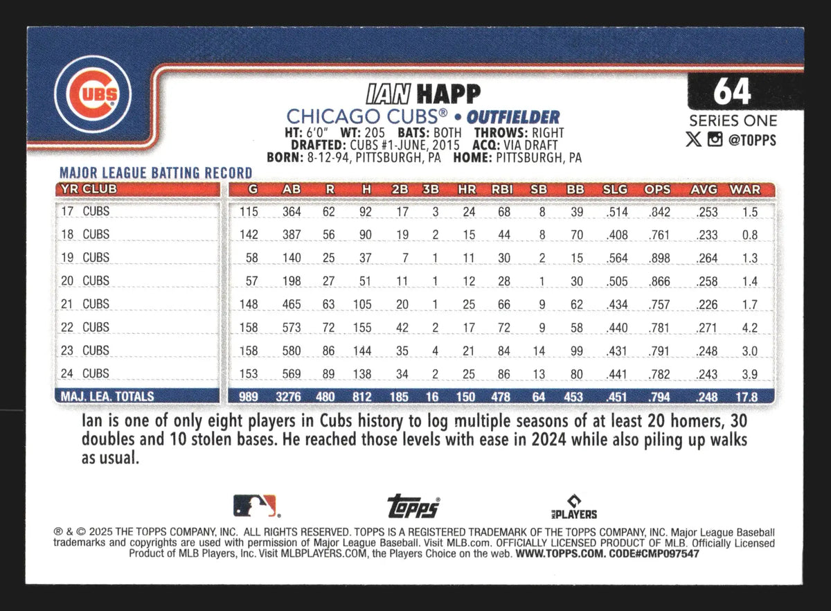 2025 Topps Series 1 Ian Happ #64 Chicago Cubs - Baseball Card Single