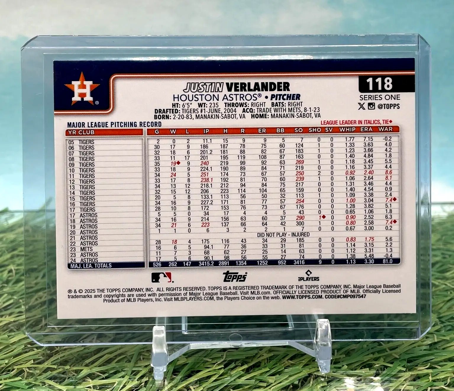 Justin Verlander baseball card from 2025 Topps Series 1 with sand glitter holo design