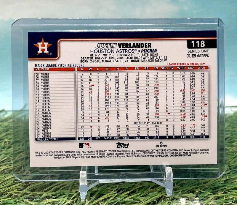 Justin Verlander baseball card from 2025 Topps Series 1 with sand glitter holo design