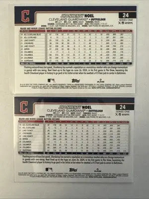Two Cleveland Guardians Jhonkensy Noel rookie cards with pink holo speckle from Topps Series 1