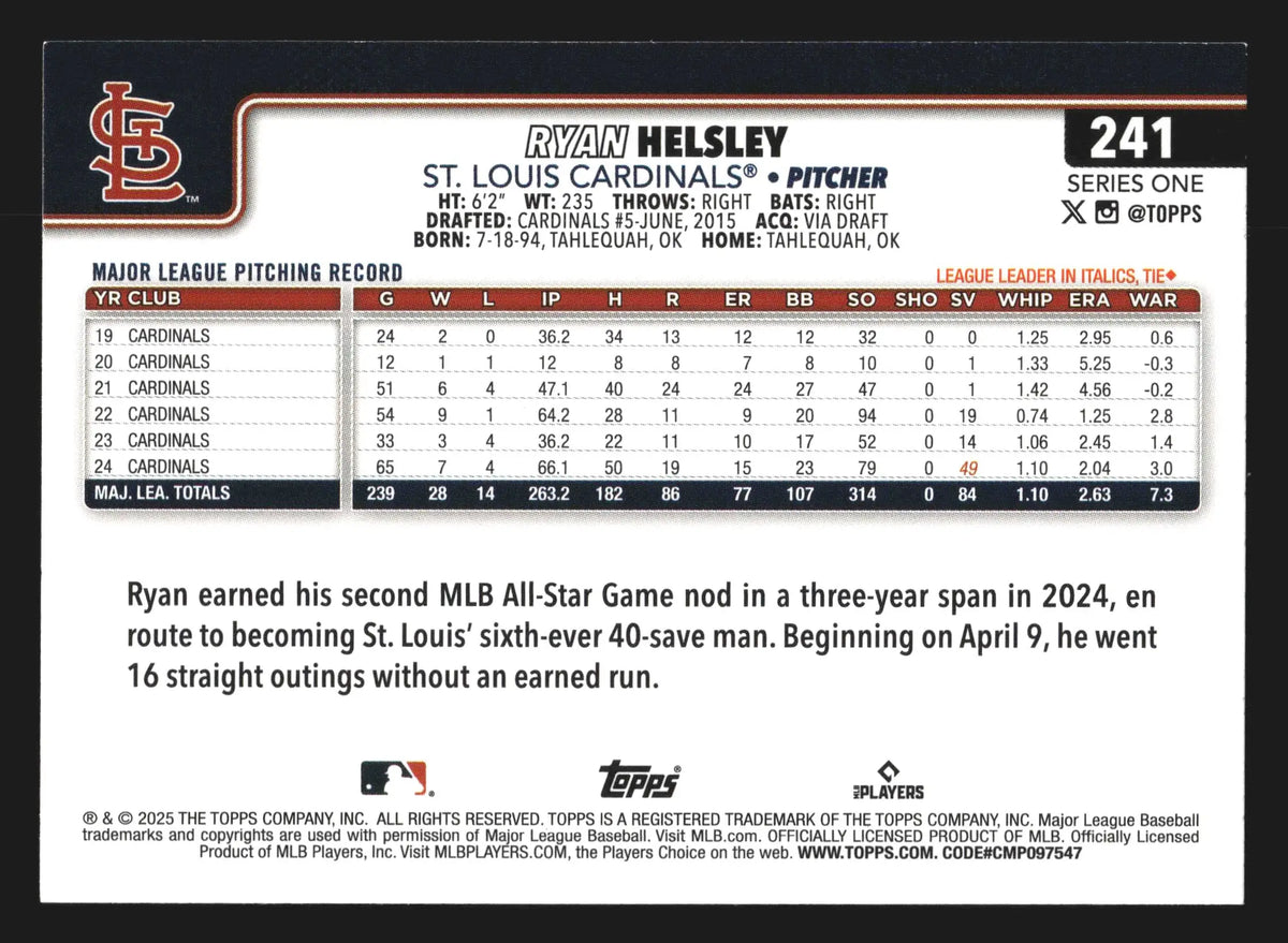 2025 Topps Series 1 Ryan Helsley #241 St. Louis Cardinals - Baseball Card Single