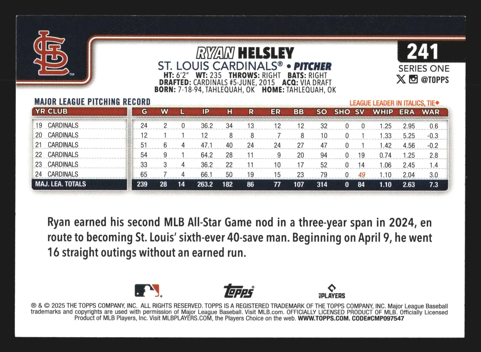 2025 Topps Series 1 Ryan Helsley #241 St. Louis Cardinals - Baseball Card Single