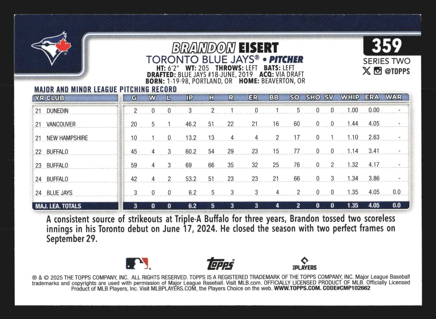 2025 Topps Series 2 #359 Brandon Eisert Toronto Blue Jays RC