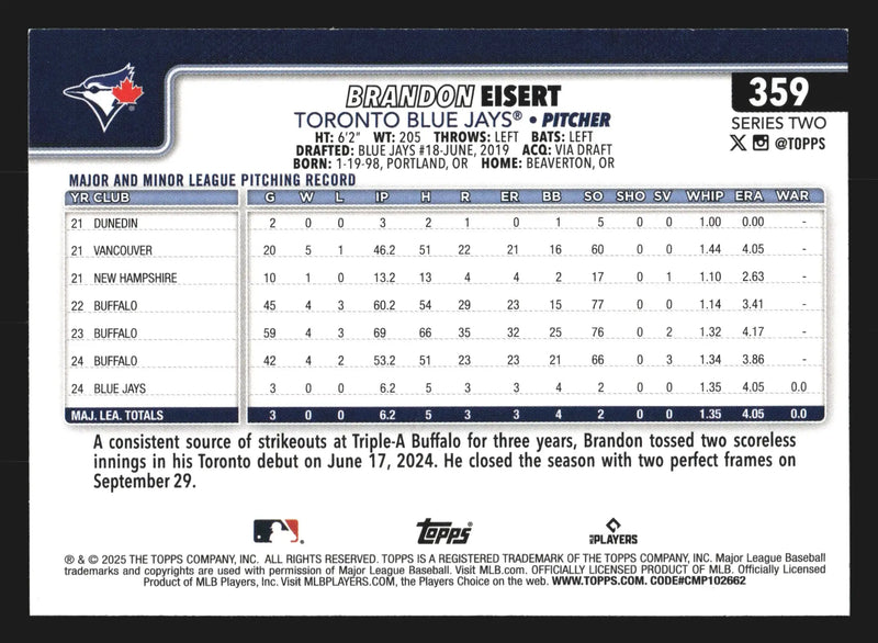 2025 Topps Series 2 #359 Brandon Eisert Toronto Blue Jays RC