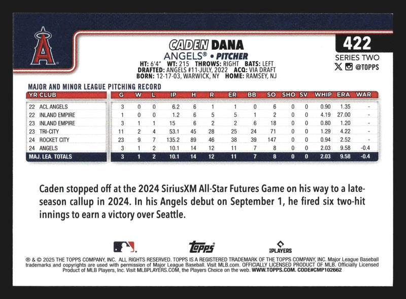 2025 Topps Series 2 #422 Caden Dana Angels RC