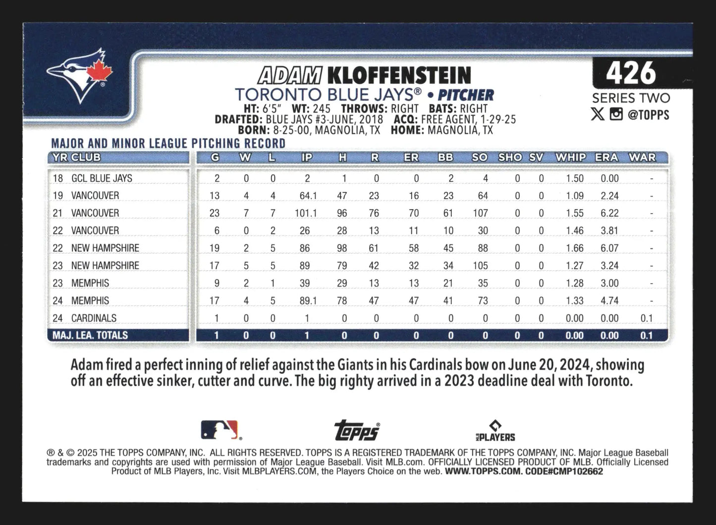 2025 Topps Series 2 #426 Adam Kloffenstein Toronto Blue Jays RC
