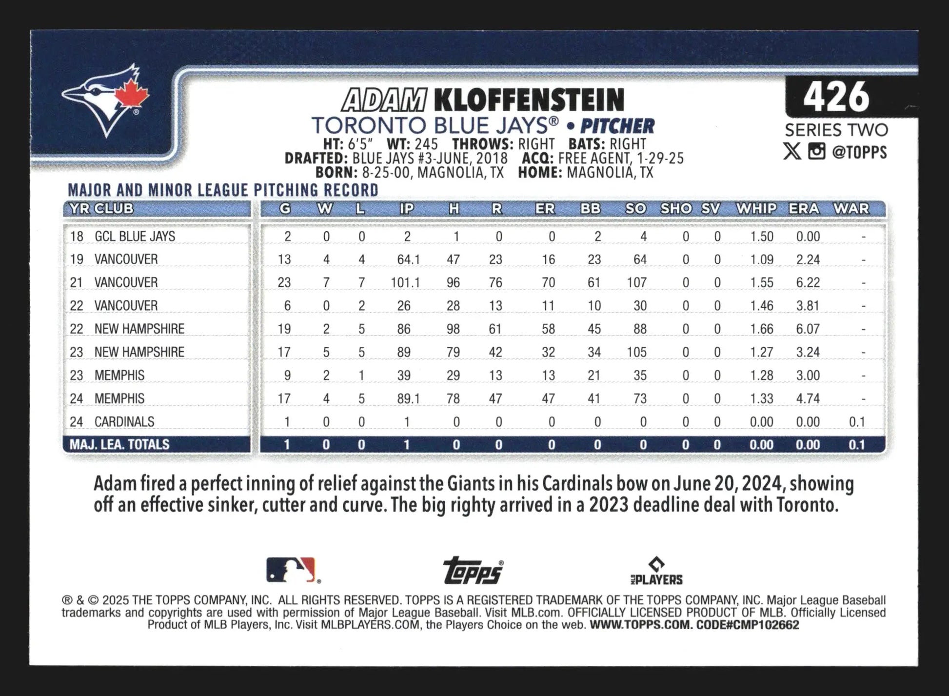 2025 Topps Series 2 #426 Adam Kloffenstein Toronto Blue Jays RC