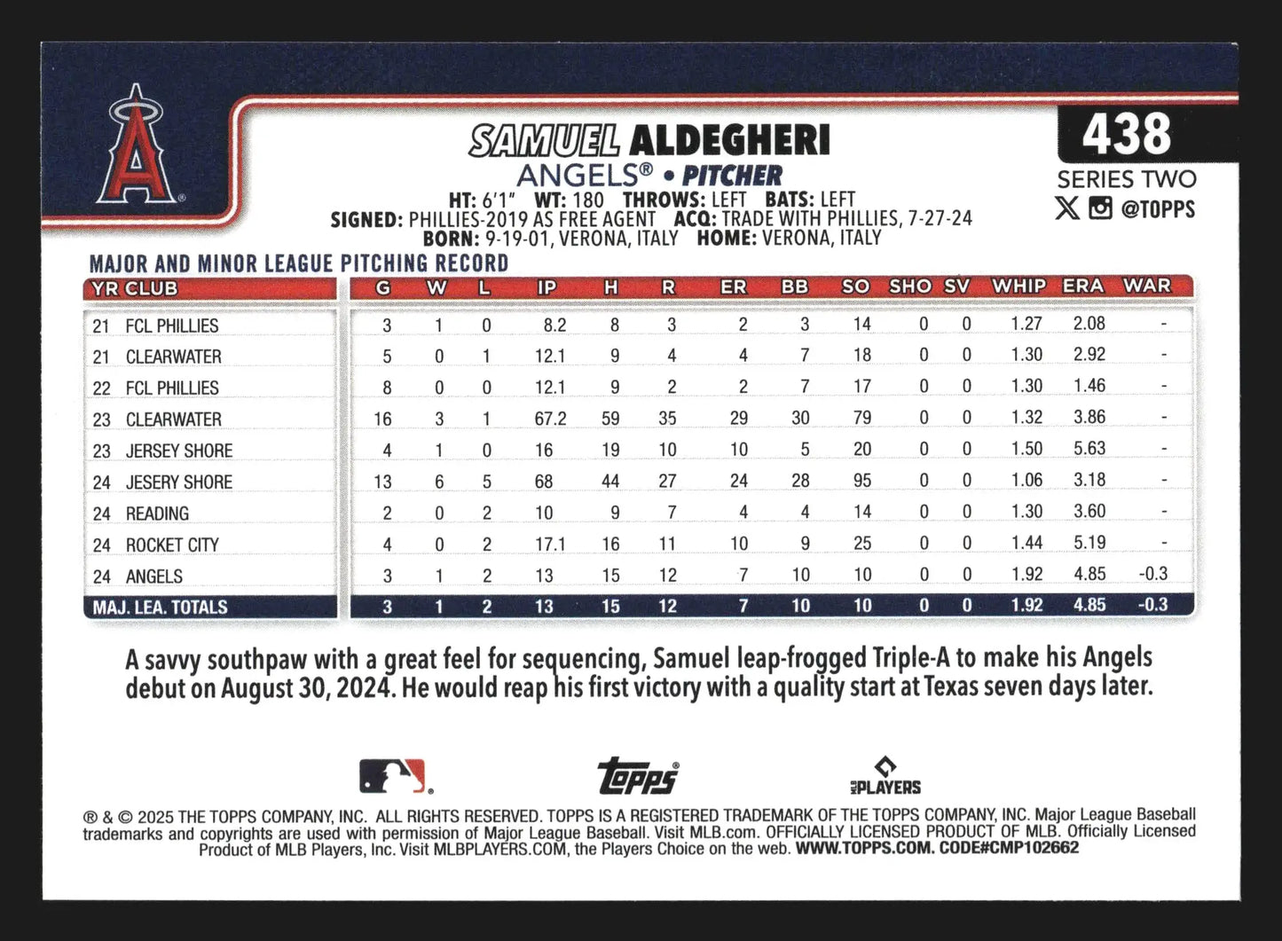 2025 Topps Series 2 #438 Samuel Aldegheri Angels RC