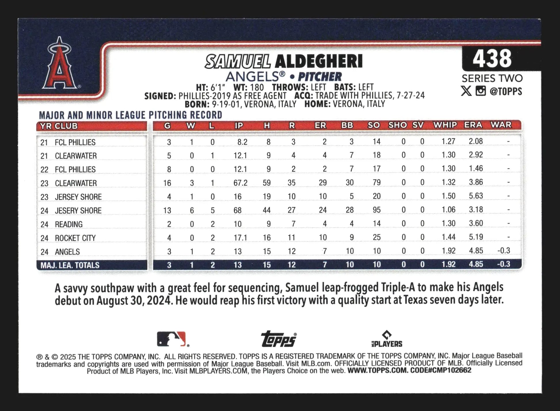 2025 Topps Series 2 #438 Samuel Aldegheri Angels RC