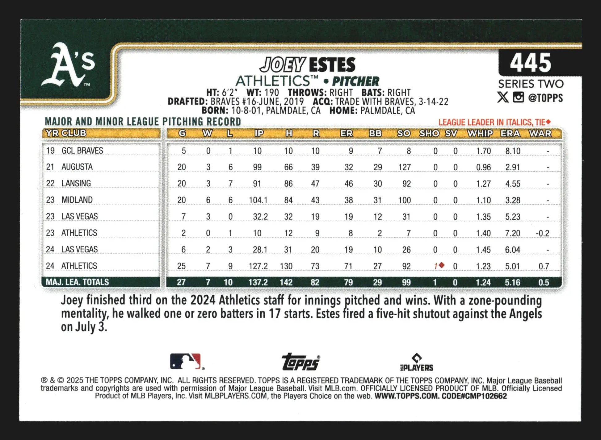 2025 Topps Series 2 #445 Joey Estes Athletics - Baseball Card Single