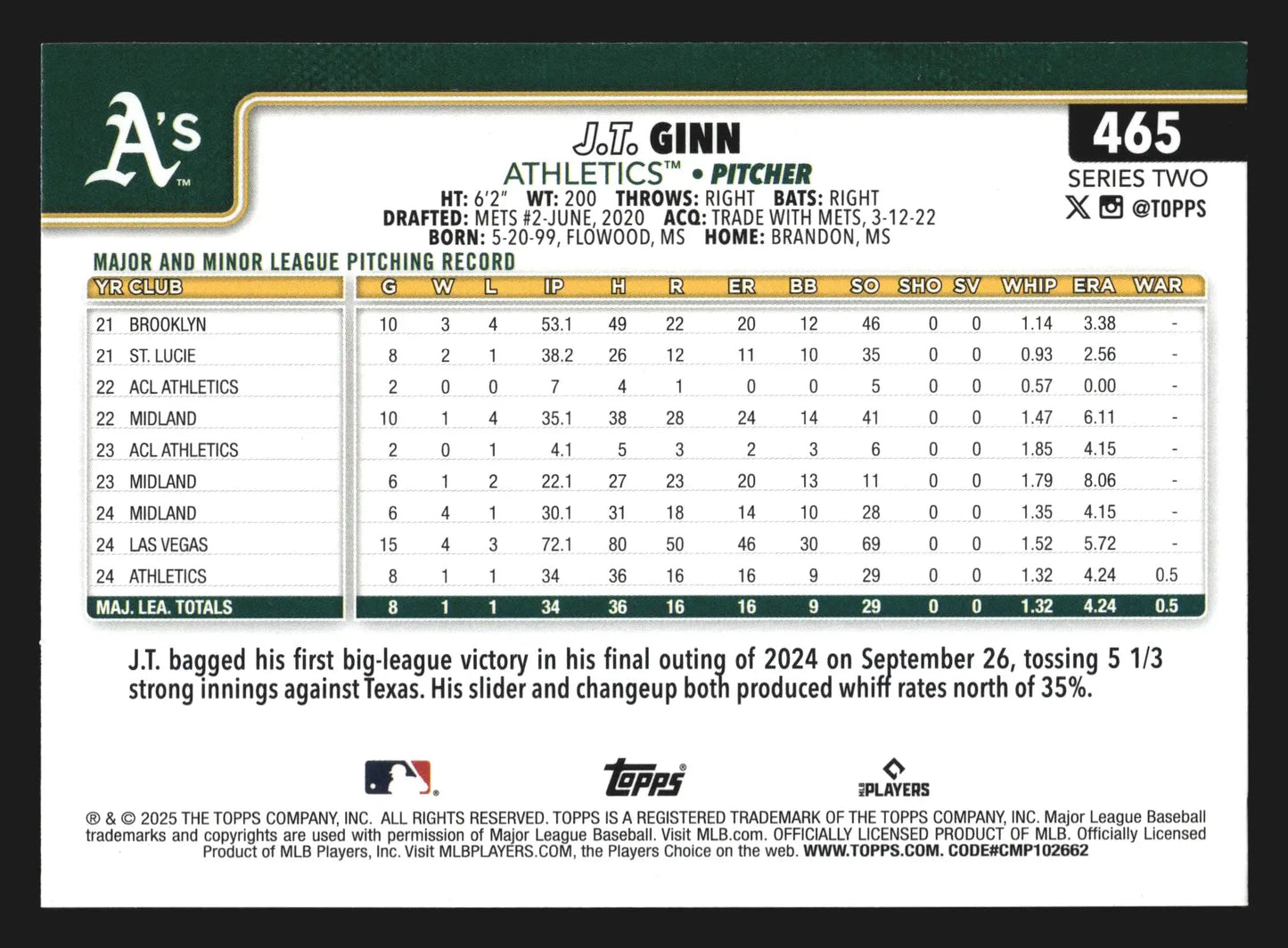 2025 Topps Series 2 #465 J.T. Ginn Athletics RC - Baseball Card Single