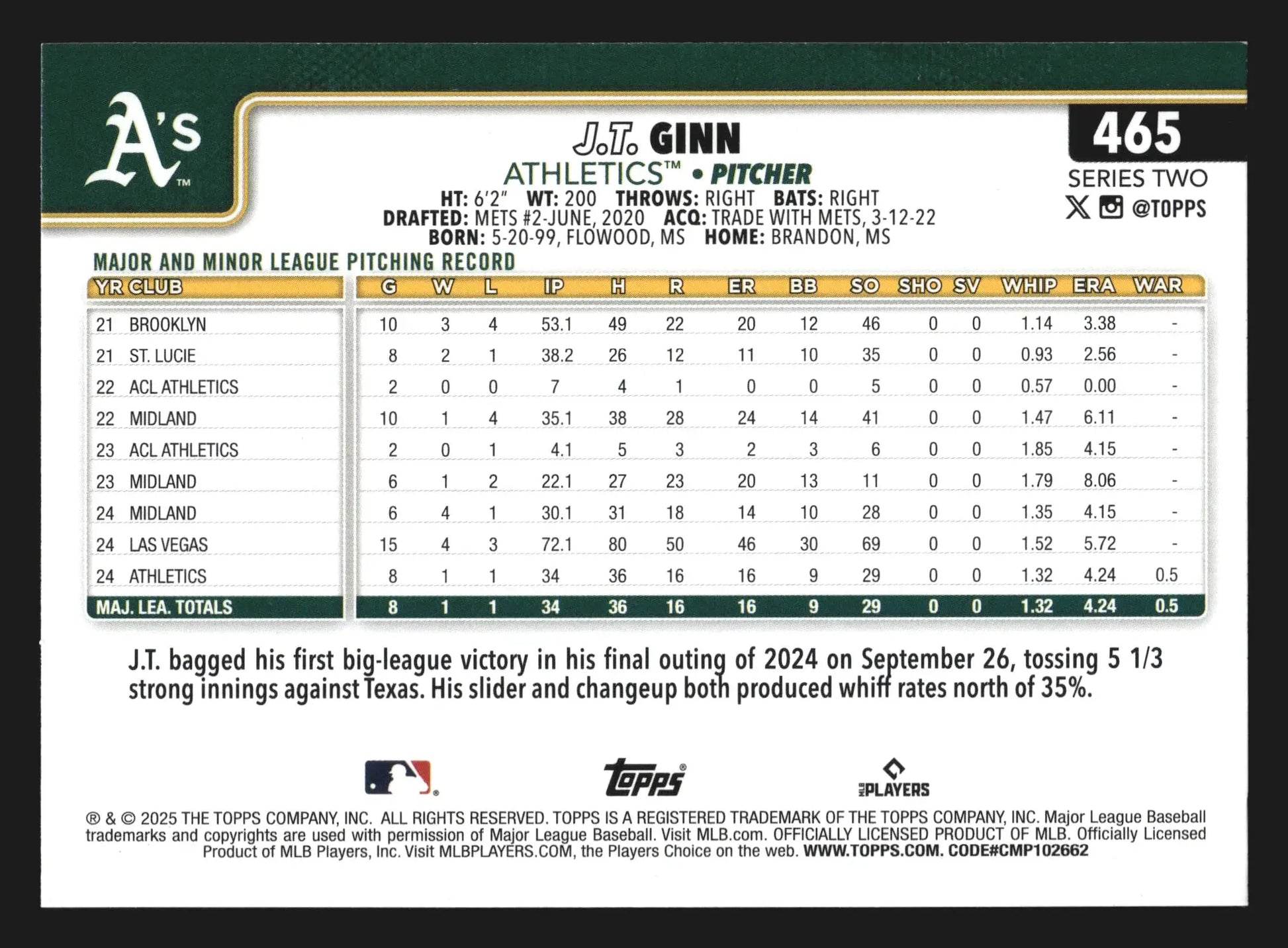 2025 Topps Series 2 #465 J.T. Ginn Athletics RC - Baseball Card Single