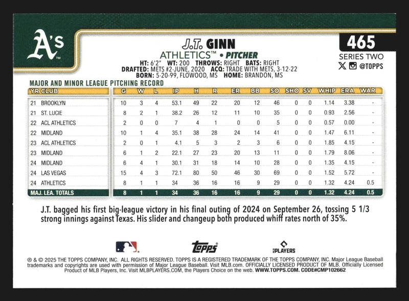 2025 Topps Series 2 #465 J.T. Ginn Athletics RC - Baseball Card Single
