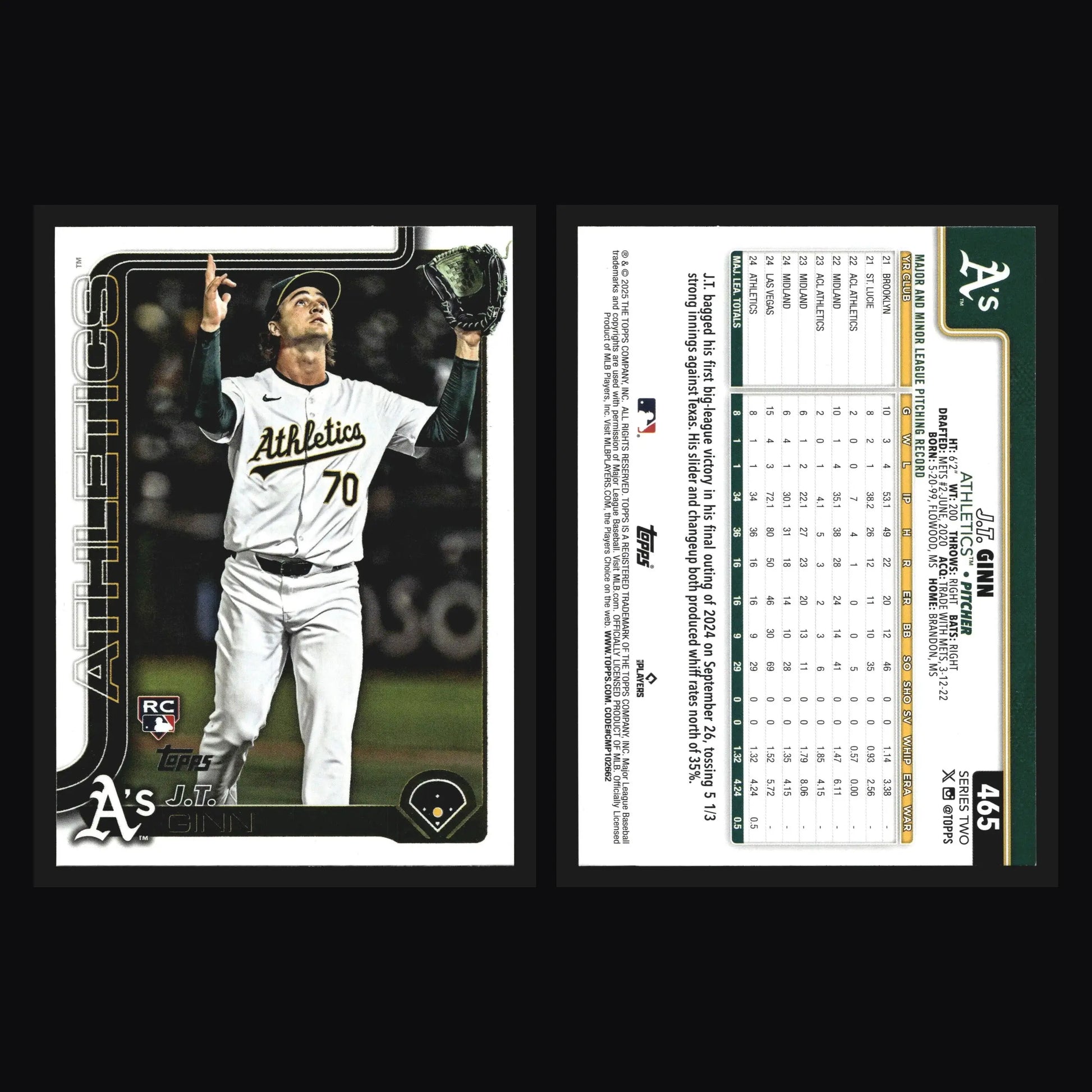 2025 Topps Series 2 #465 J.T. Ginn Athletics RC - Baseball Card Single