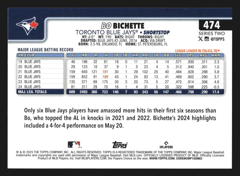 2025 Topps Series 2 #474 Bo Bichette Toronto Blue Jays - Baseball Card Single