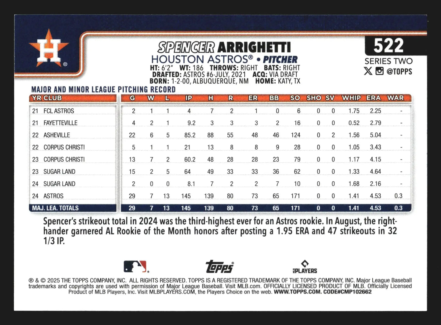 2025 Topps Series 2 #522 Spencer Arrighetti Houston Astros