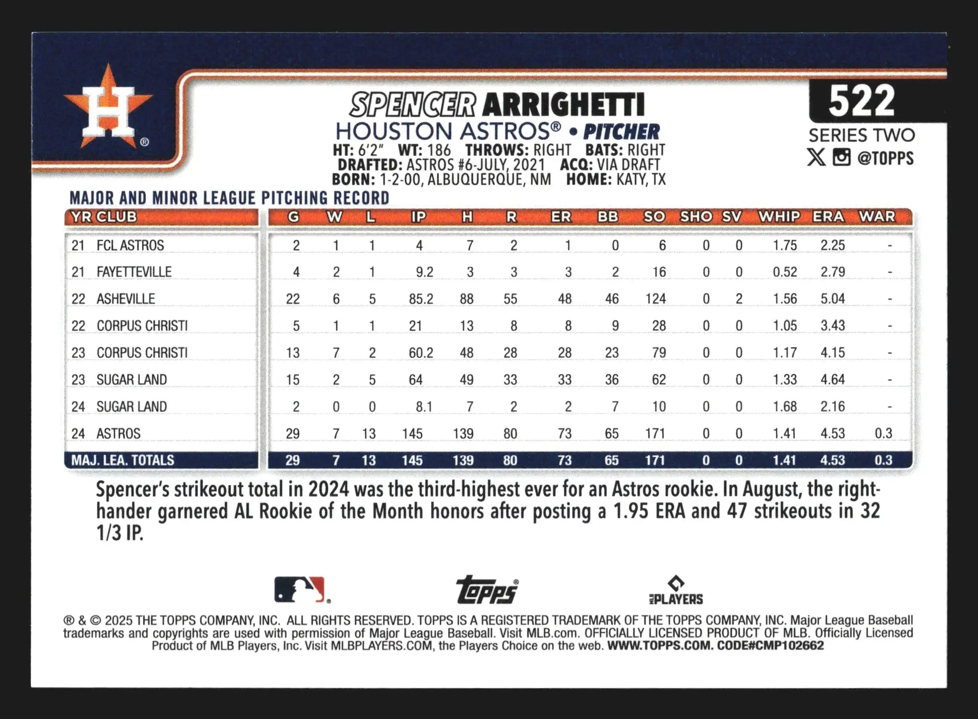 2025 Topps Series 2 #522 Spencer Arrighetti Houston Astros