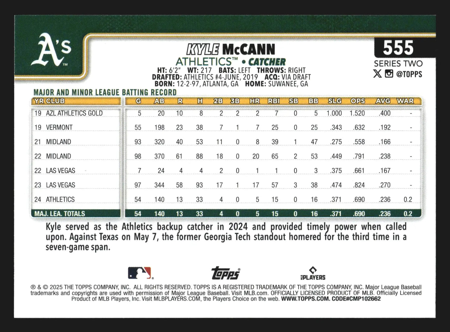 2025 Topps Series 2 #555 Kyle McCann Athletics