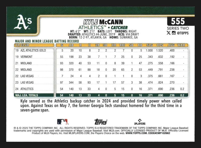 2025 Topps Series 2 #555 Kyle McCann Athletics