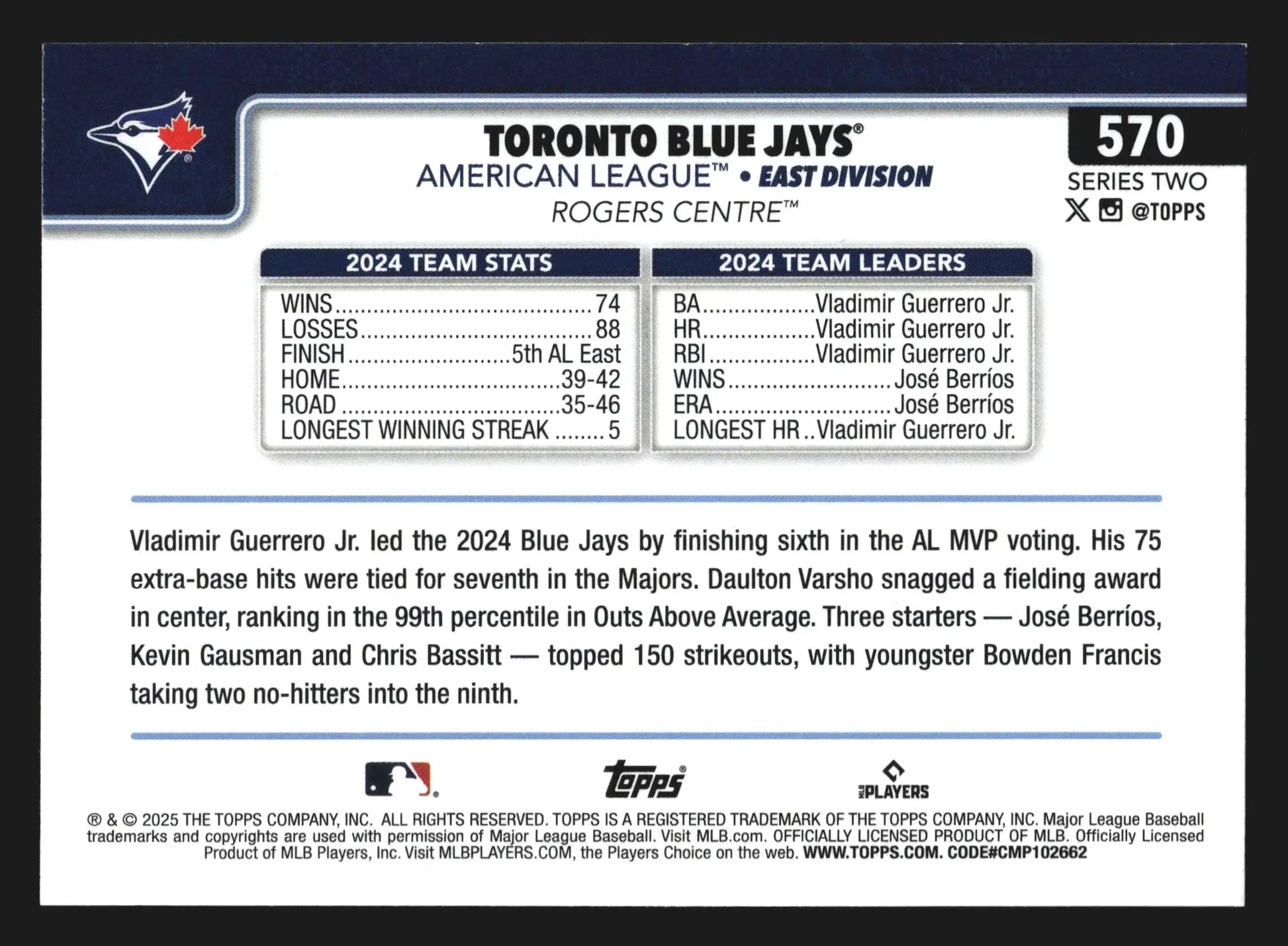 2025 Topps Series 2 #570 Toronto Blue Jays Team Card - Baseball Card Single