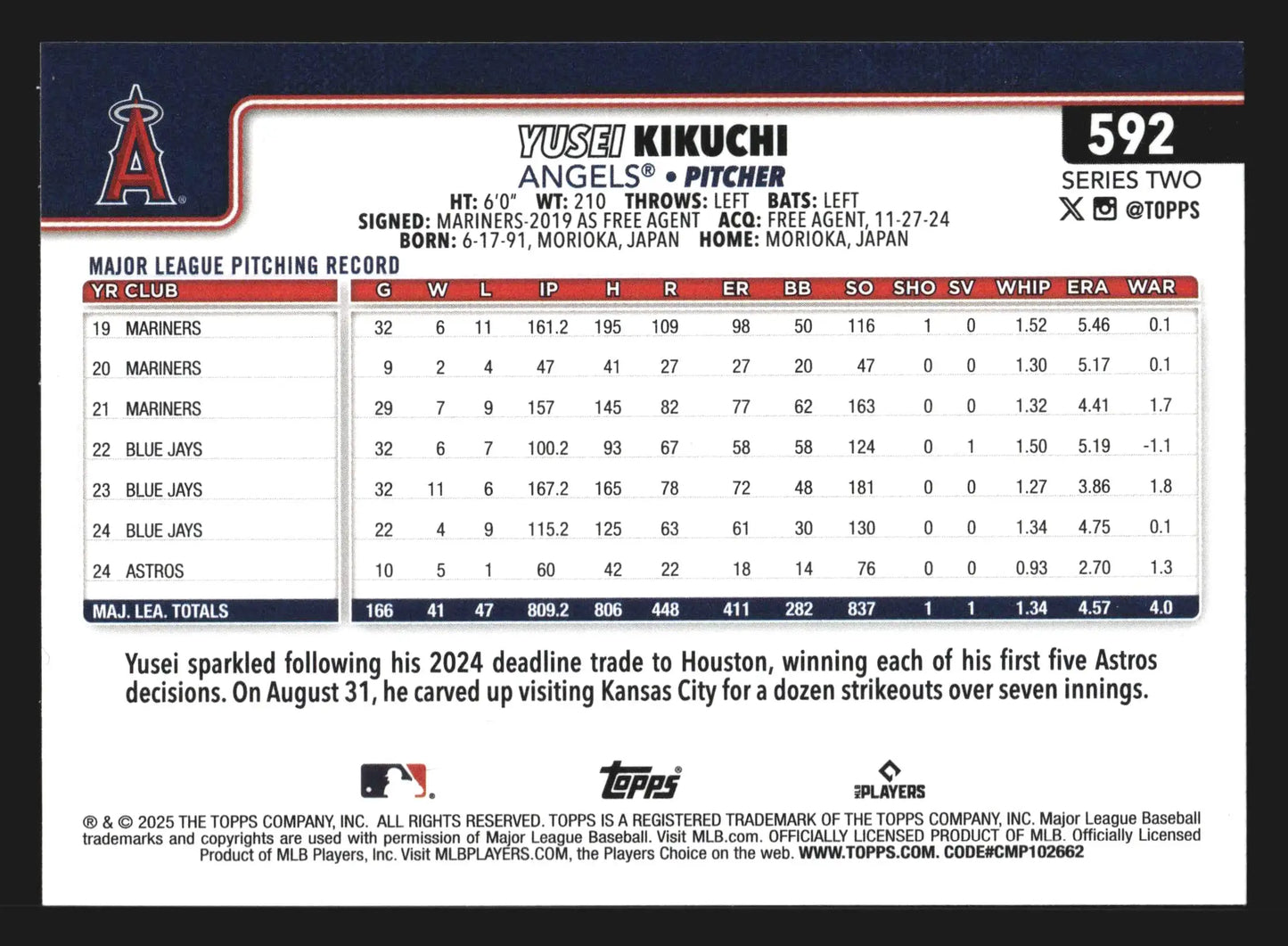 2025 Topps Series 2 #592 Yusei Kikuchi Angels