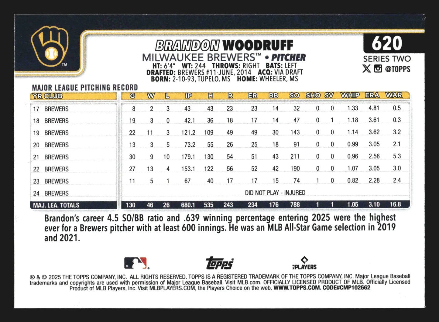 2025 Topps Series 2 #620 Brandon Woodruff Rainbow Foil Brewers - Baseball Card Single