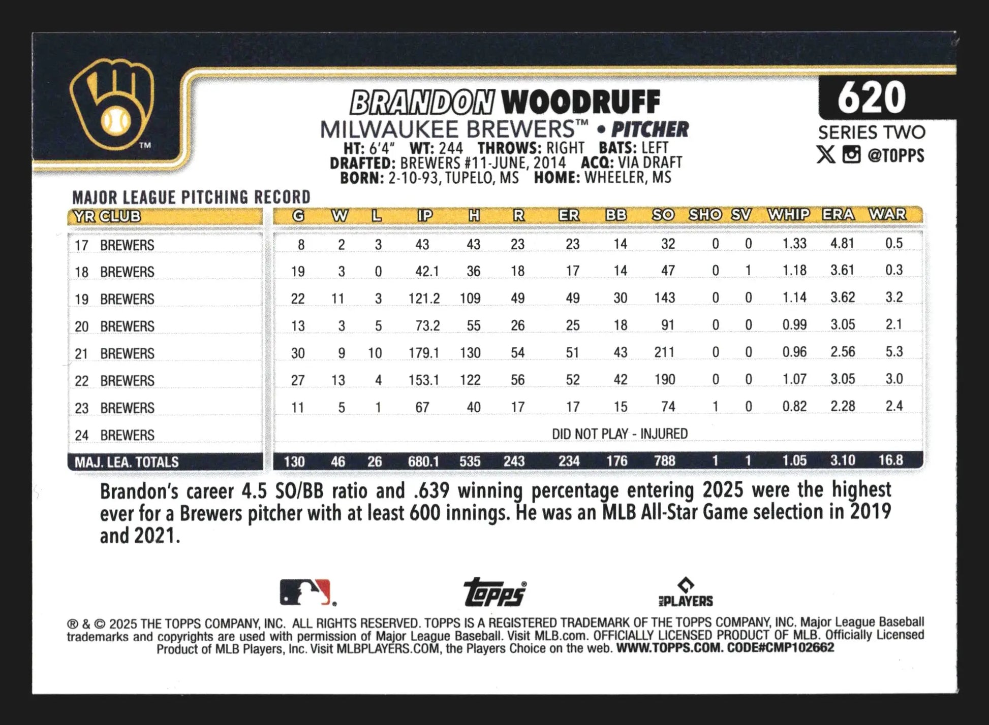 2025 Topps Series 2 #620 Brandon Woodruff Rainbow Foil Brewers - Baseball Card Single