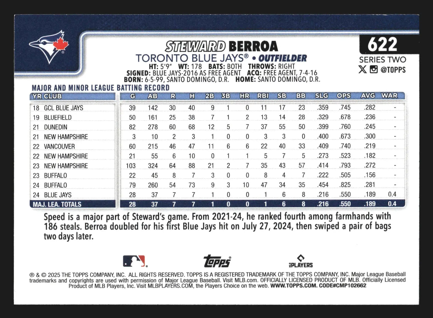 2025 Topps Series 2 #622 Steward Berroa Toronto Blue Jays RC - Baseball Card Single