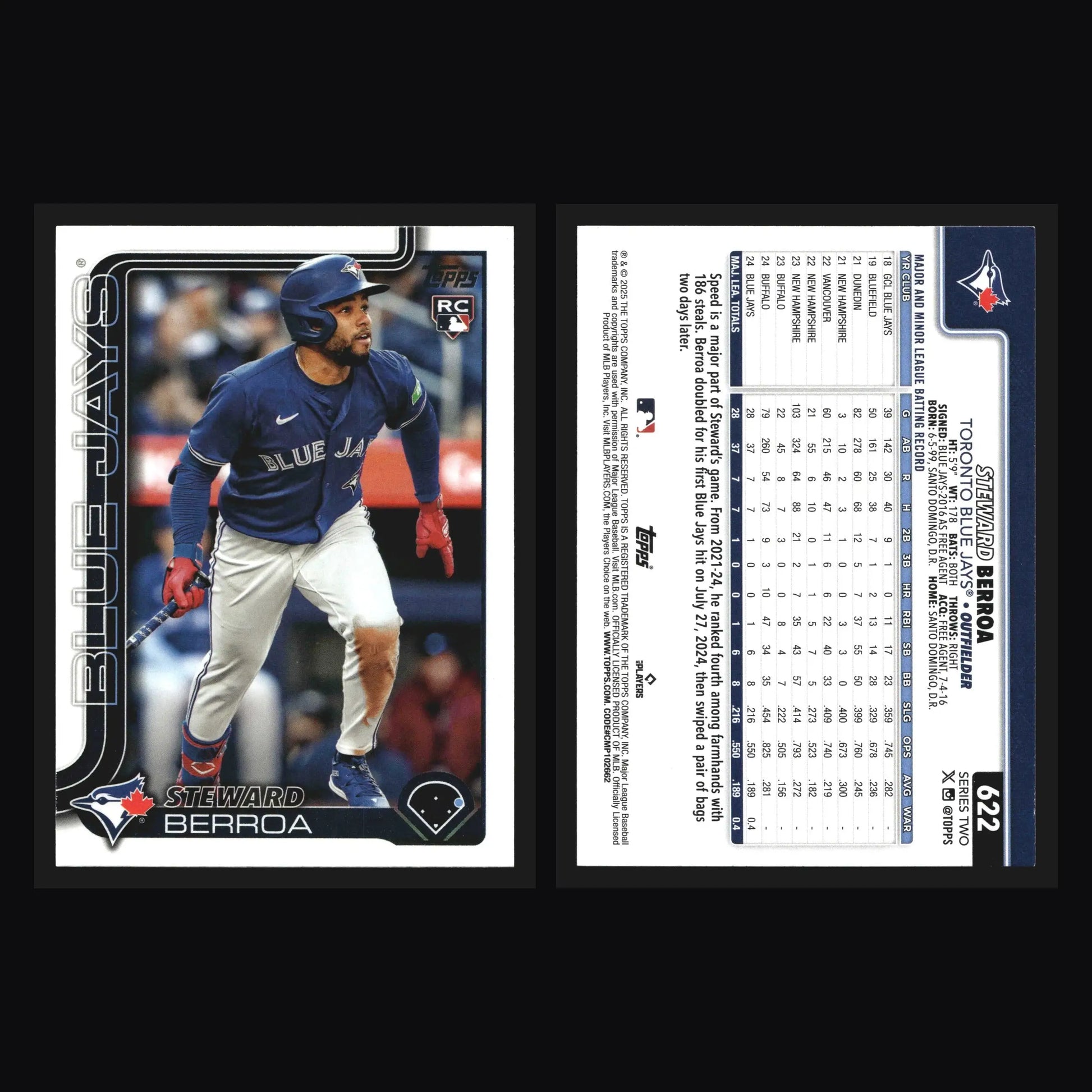2025 Topps Series 2 #622 Steward Berroa Toronto Blue Jays RC - Baseball Card Single