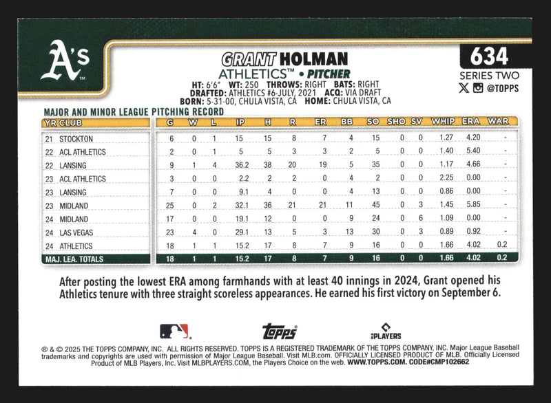 2025 Topps Series 2 #634 Grant Holman Athletics RC - Baseball Card Single