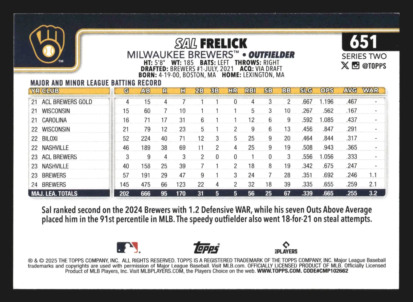2025 Topps Series 2 #651 Sal Frelick Future Stars Brewers - Baseball Card Single