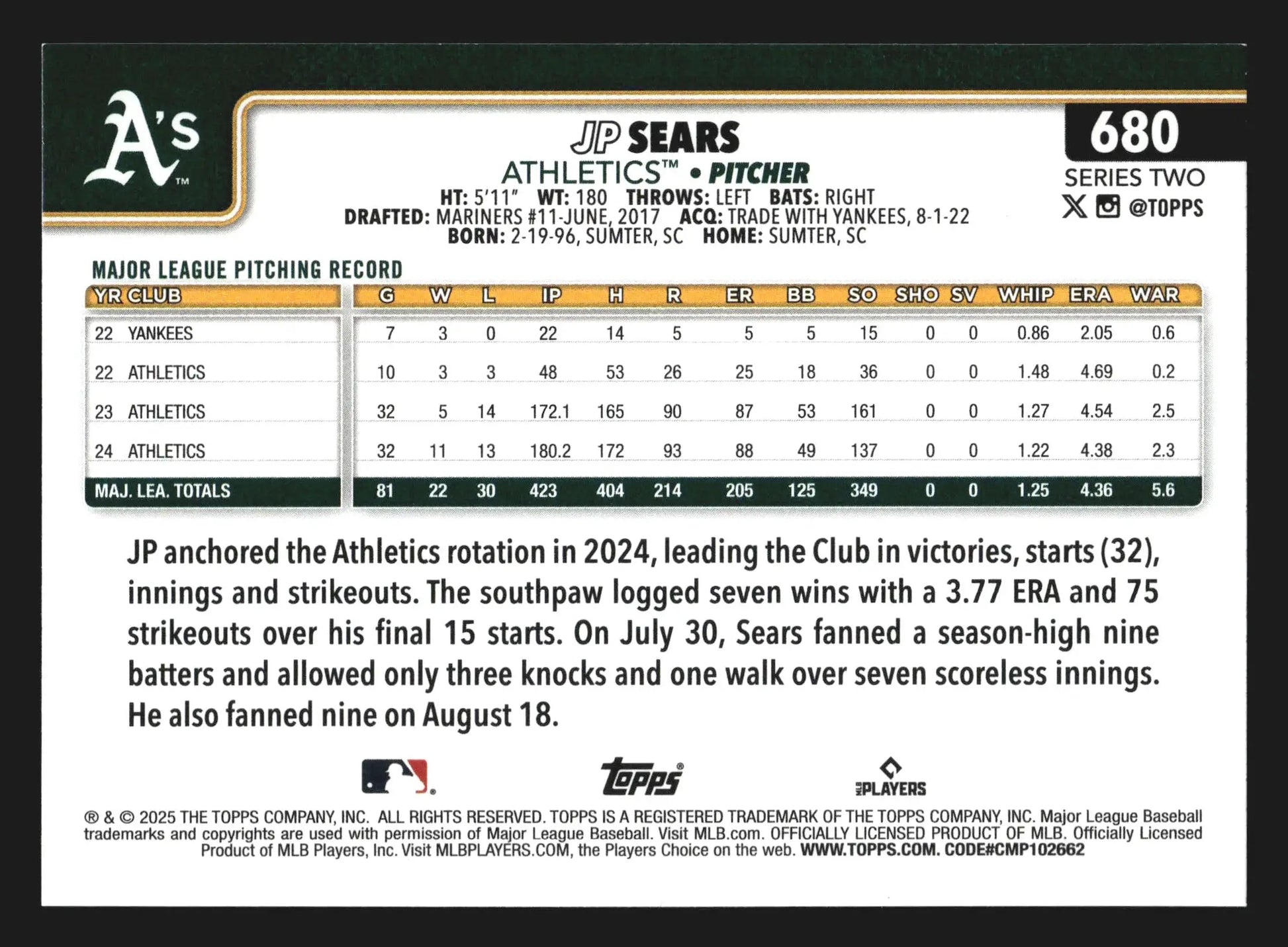 2025 Topps Series 2 #680 JP Sears Athletics