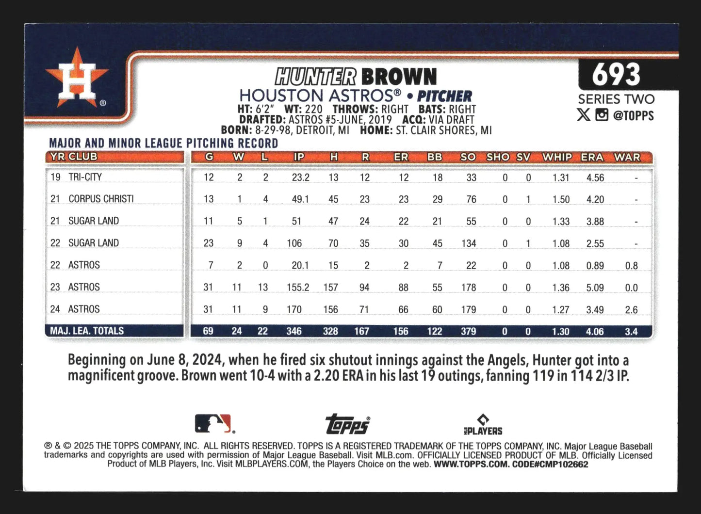 2025 Topps Series 2 #693 Hunter Brown Houston Astros