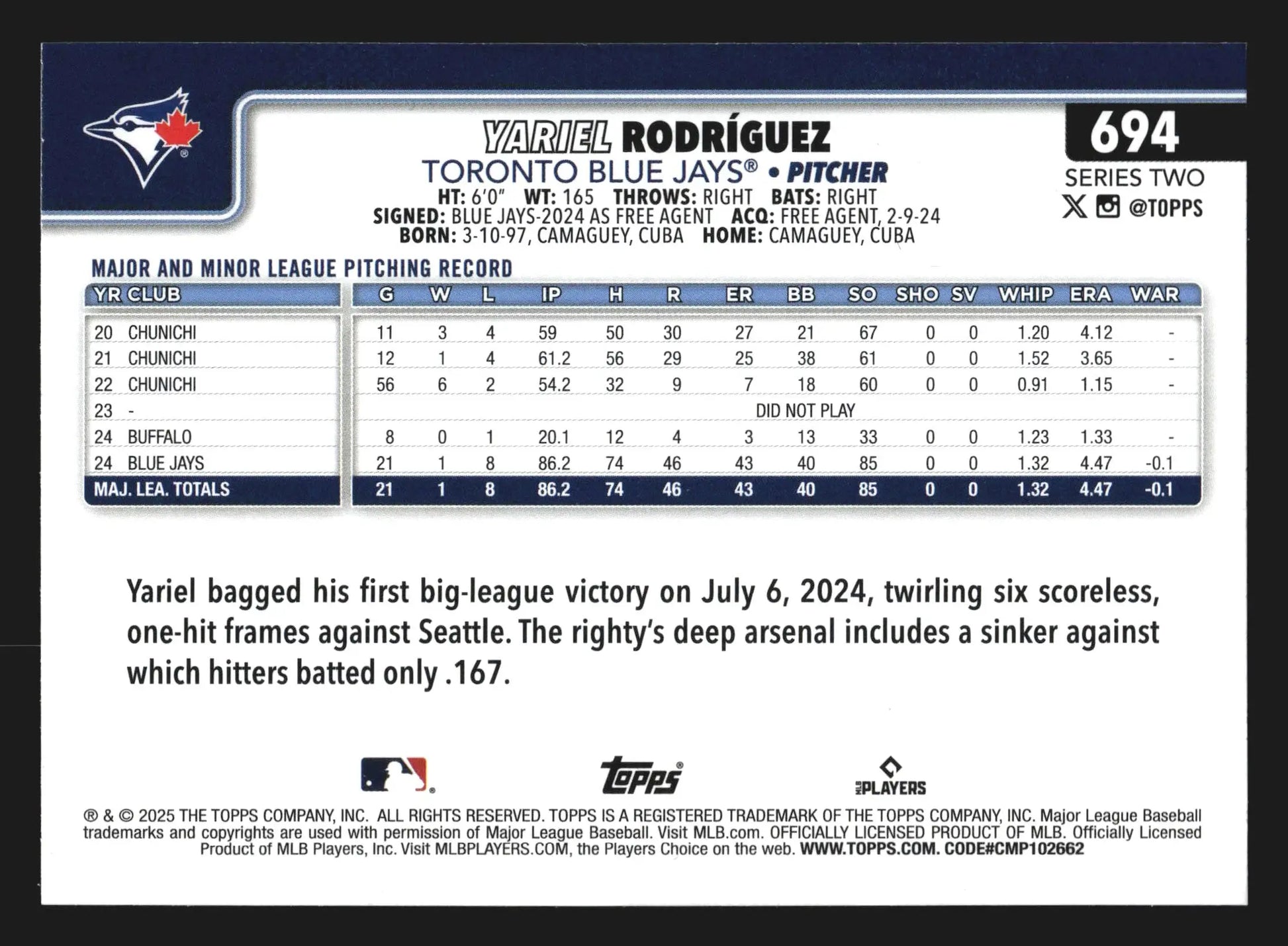 2025 Topps Series 2 #694 Yariel Rodriguez Toronto Blue Jays