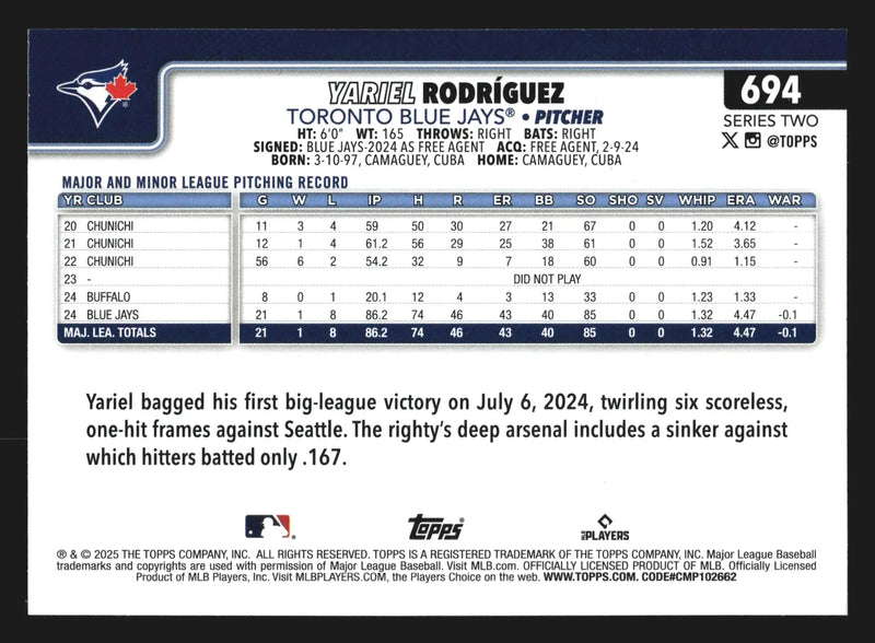 2025 Topps Series 2 #694 Yariel Rodriguez Toronto Blue Jays