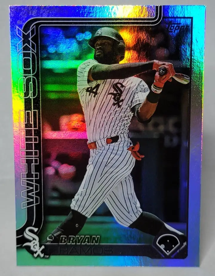 Holographic Bryan Ramos Rainbow Foil Baseball Card Chicago White Sox batting action