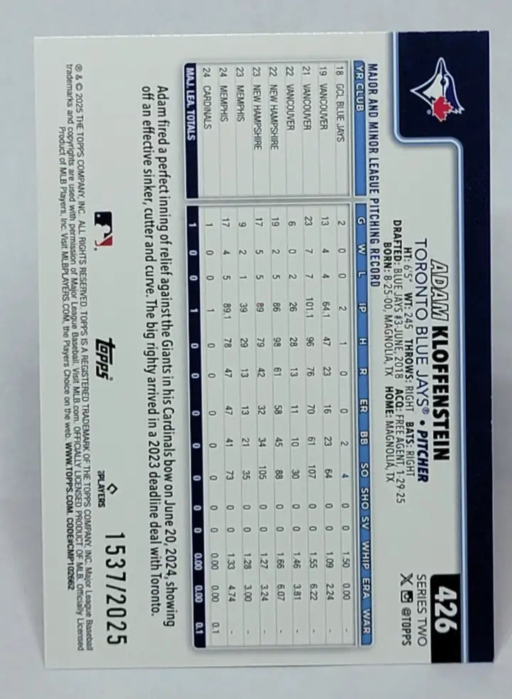 2025 Topps Series 2 Gold #/2025 426 Adam Kloffenstein - Toronto Blue Jays RC - Baseball Card Single