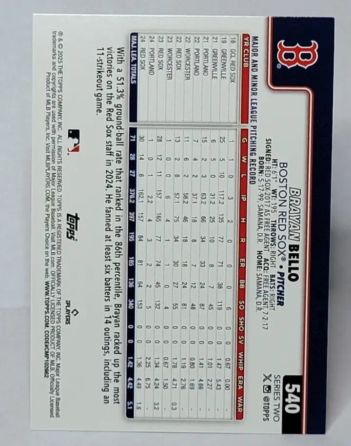 2025 Topps Series 2 Holo Foil 540 Brayan Bello - Boston Red Sox - Baseball Card Single