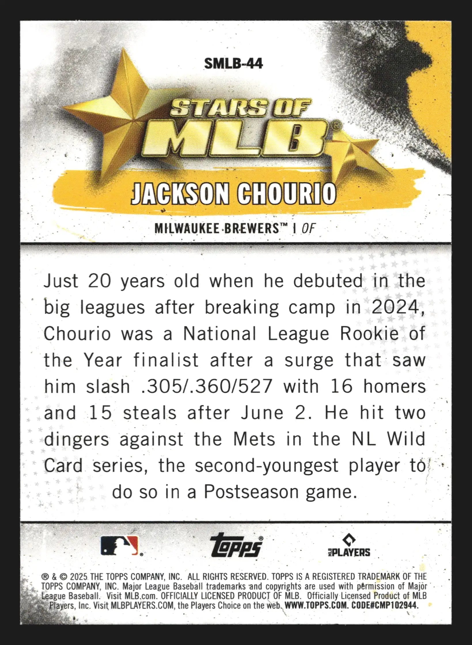 2025 Topps Series 2 #SMLB-44 Jackson Chourio Stars of MLB Insert Brewers - Baseball Card Single
