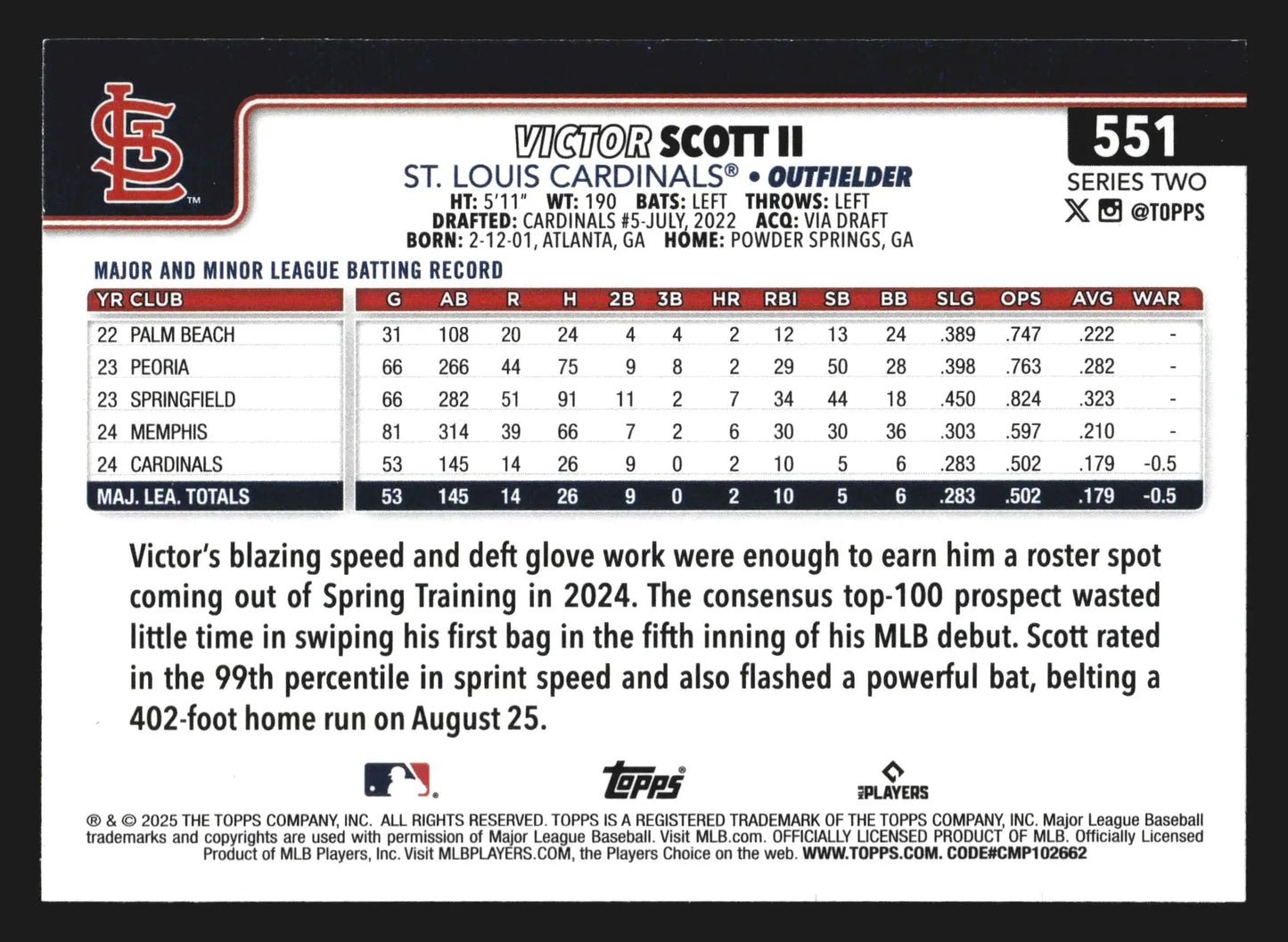2025 Topps Series 2 Victor Scott II #551 St. Louis Cardinals - Baseball Card Single