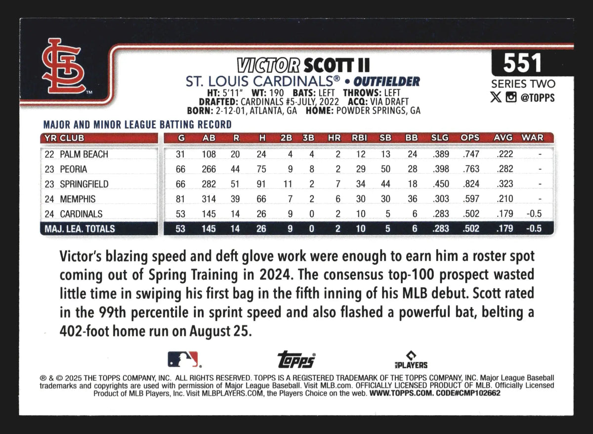 2025 Topps Series 2 Victor Scott II #551 St. Louis Cardinals - Baseball Card Single