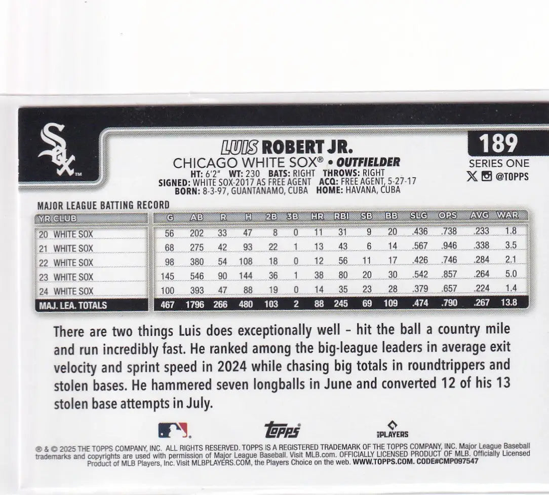 2025 TOPPS SERIES ONE #189 LUIS ROBERT JR REFRACTOR- CHICAGO WHITE SOX - Baseball Card Single