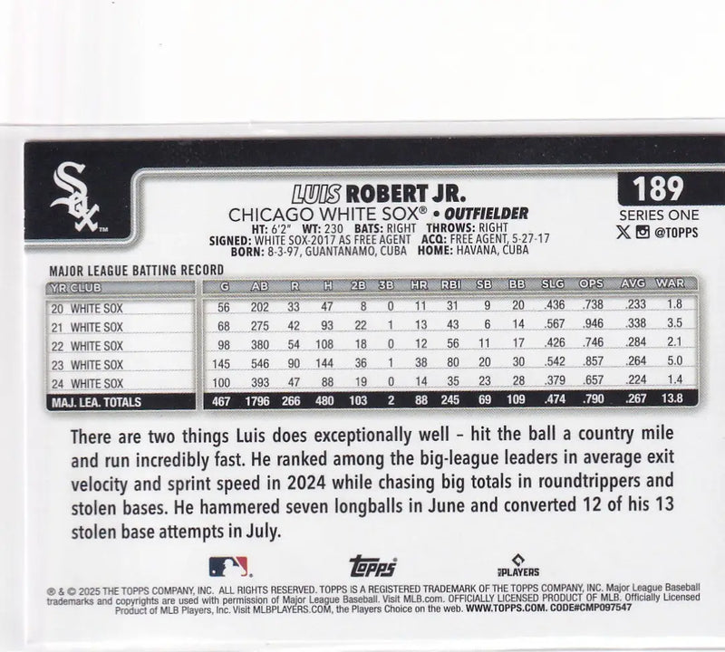 2025 TOPPS SERIES ONE #189 LUIS ROBERT JR REFRACTOR- CHICAGO WHITE SOX - Baseball Card Single