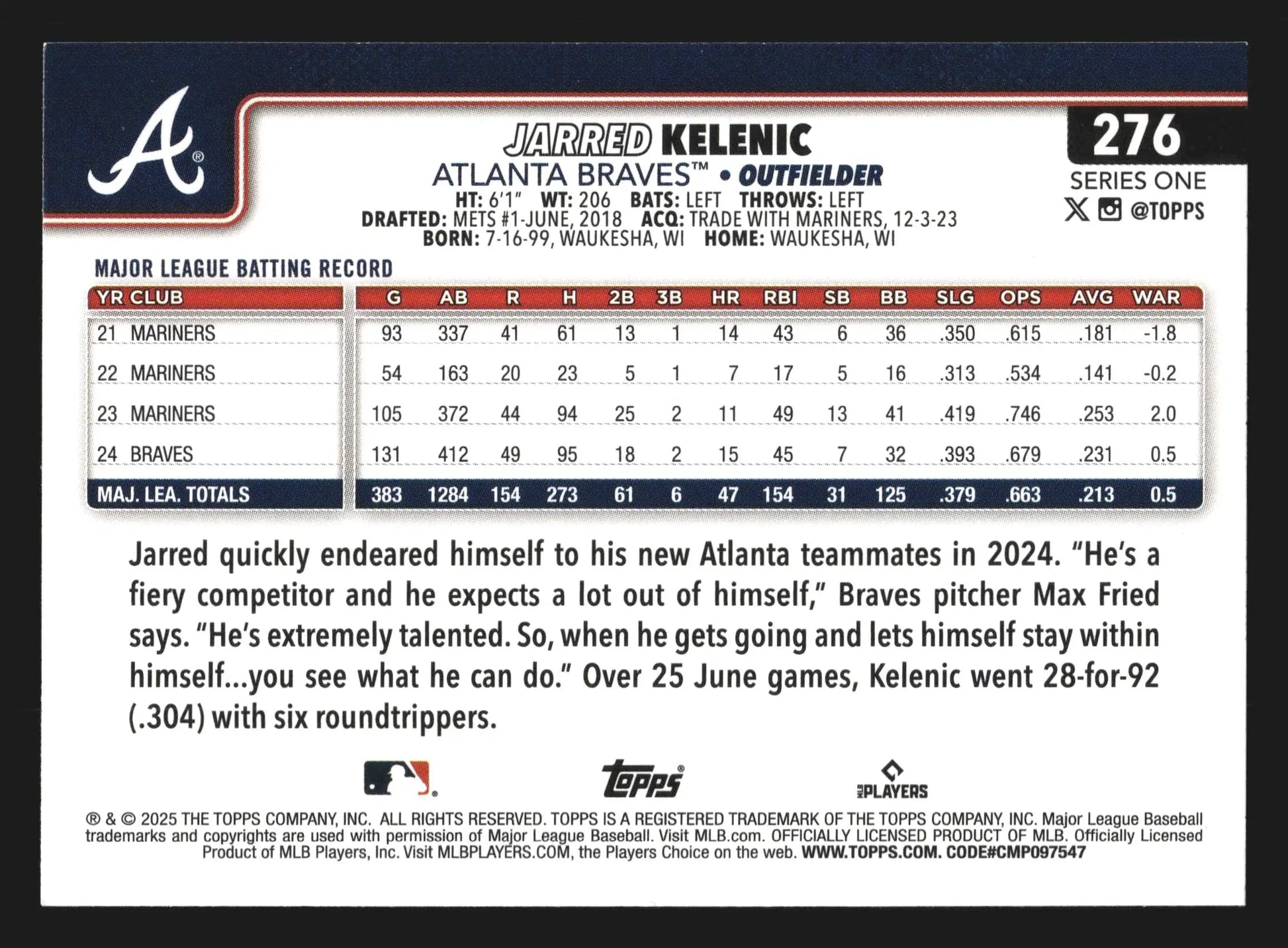 2025 Topps Series One #276 Jarred Kelenic Braves