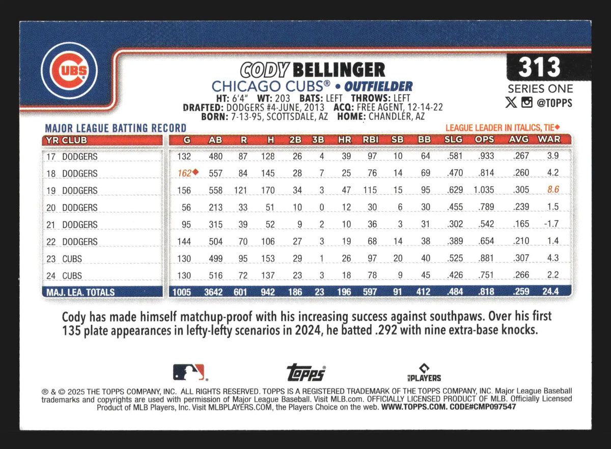 2025 Topps Series One #313 Cody Bellinger Chicago Cubs - Baseball Card Single