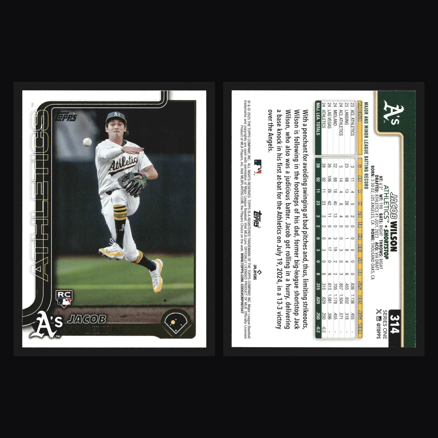 2025 Topps Series One #314 Jacob Wilson Athletics RC - Baseball Card Single