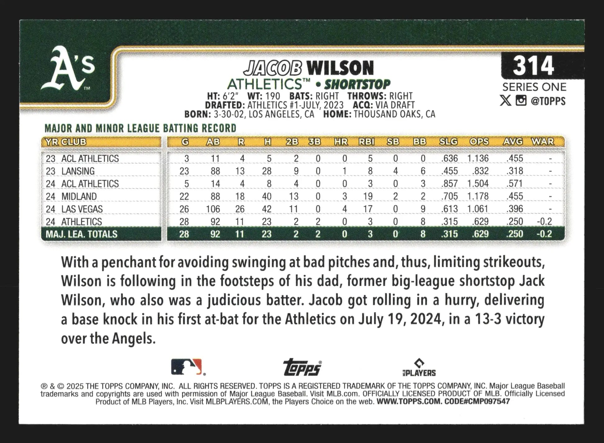 2025 Topps Series One #314 Jacob Wilson Athletics RC - Baseball Card Single